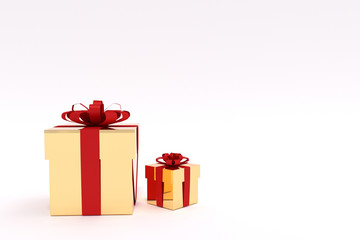 3D rendering of golden gift boxes with red ribbon.
