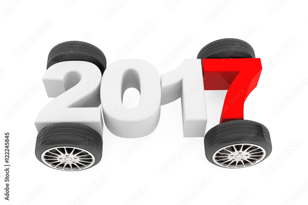 Poster 2017 year concept with car wheels. 3d rendering