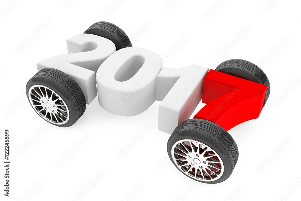 Poster 2017 year concept with car wheels. 3d rendering