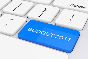 Blue Budget 2017 Key on White PC Keyboard. 3d Rendering