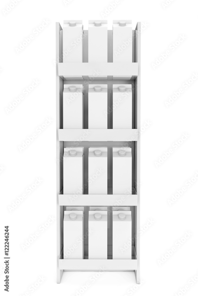 Poster blank milk or juice carton boxes in store shelf. 3d rendering