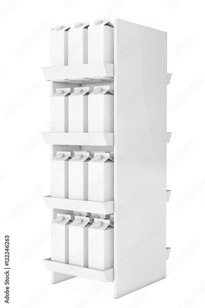 Poster blank milk or juice carton boxes in store shelf. 3d rendering