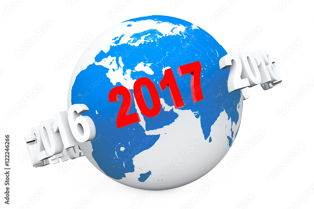 Poster New Year Concept. 3d number 2017 around Earth Globe. 3d Renderin