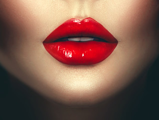 Sexy woman lips with red lipstick. Fashion glamour art design