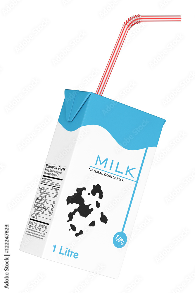 Aufkleber milk carton box with red striped straw. 3d rendering