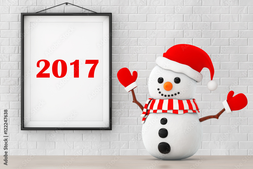 Aufkleber snowman in front of brick wall with frame 2017 sign. 3d renderin