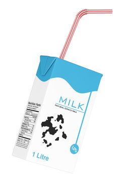 Milk Carton Box with Red Striped Straw. 3d Rendering