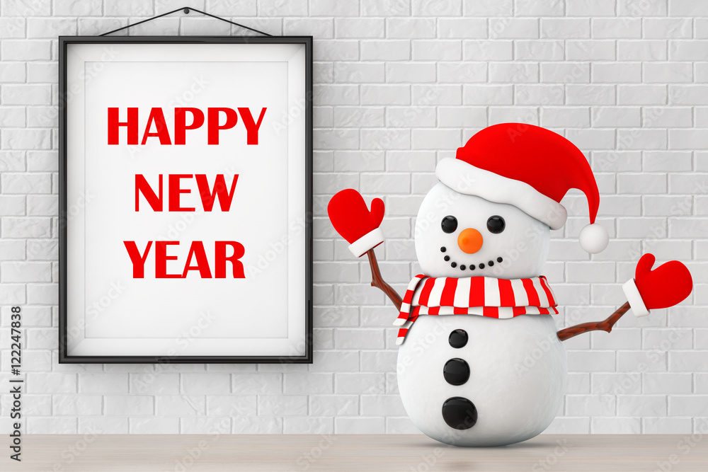 Poster snowman in front of brick wall with frame happy new year sign. 3