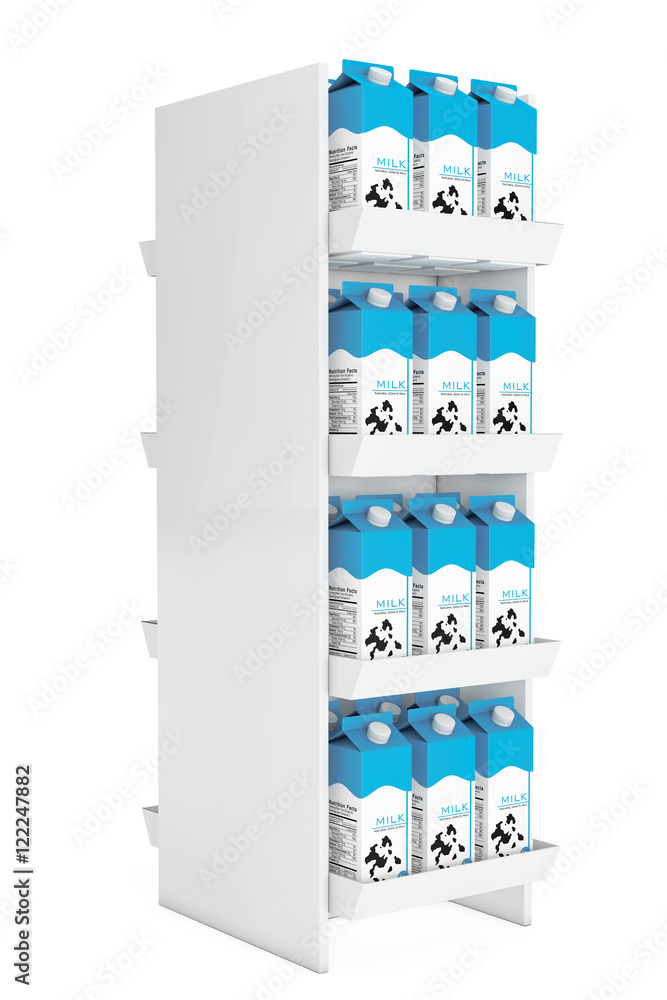 Poster Milk Carton Boxes in Store Shelf. 3d Rendering