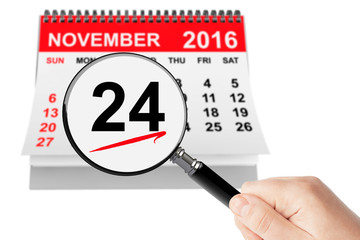Thanksgiving Day Concept. 24 November 2016 calendar with magnifi