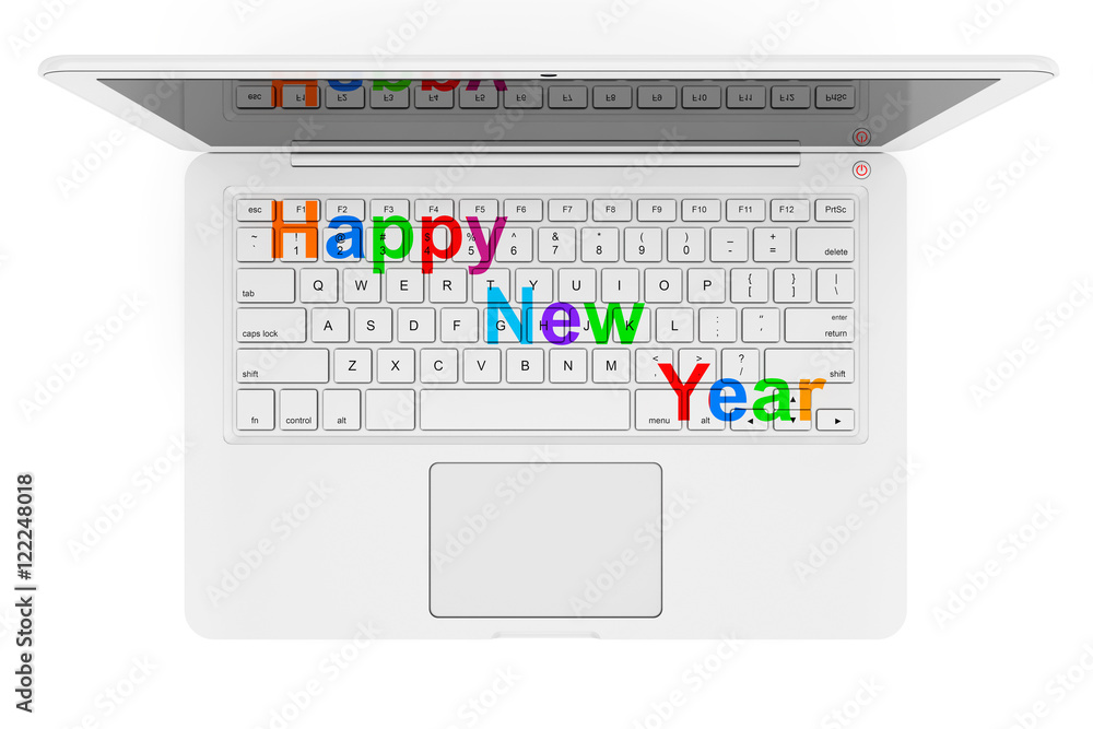 Poster white laptop with happy new year sign. 3d rendering