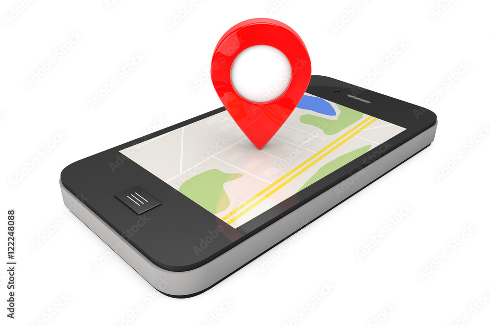 Poster navigation via smartphone. location pointer on phone with map. 3