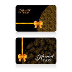 Black gift cards with golden decor feather pattern and bow