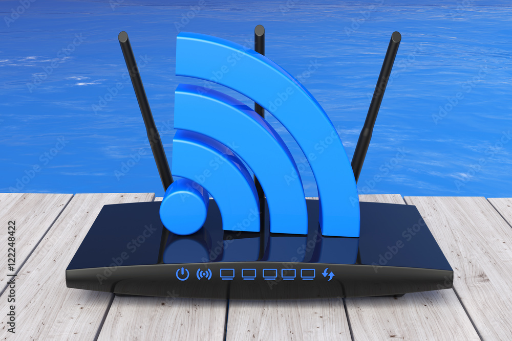 Poster wireless wi-fi router in front of ocean. 3d rendering
