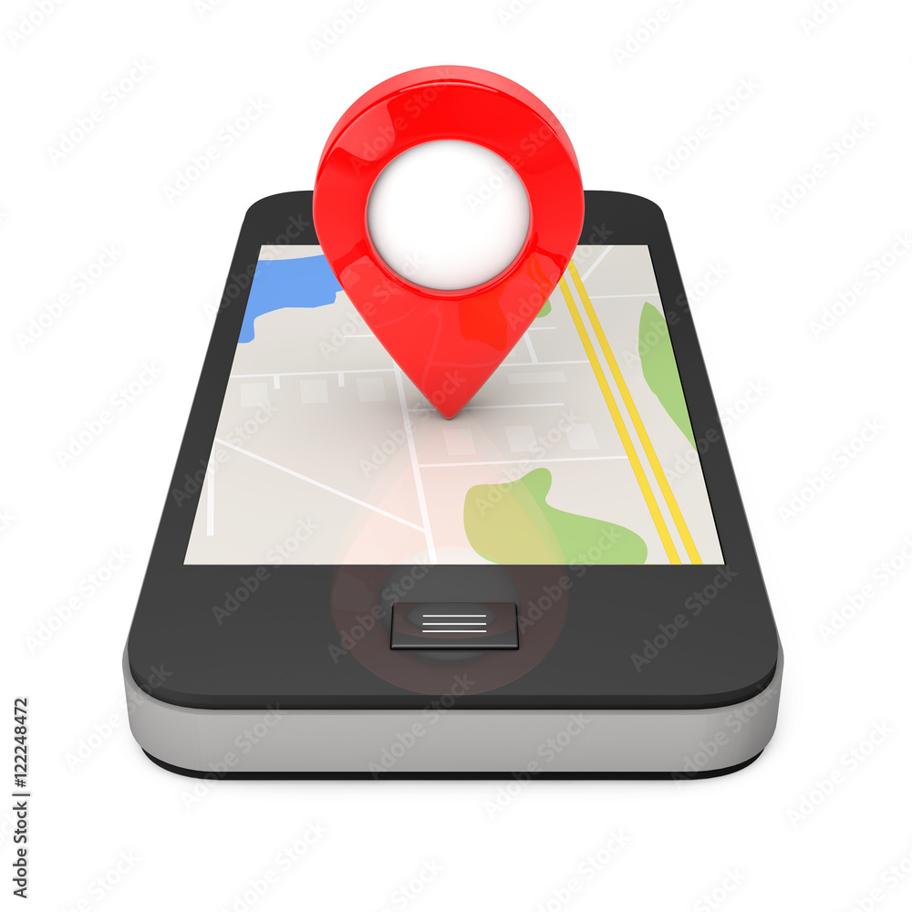 Poster navigation via smartphone. location pointer on phone with map. 3