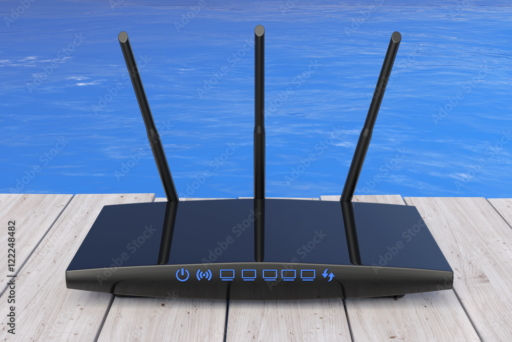 Poster wireless wi-fi router in front of ocean. 3d rendering