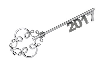 Silver Vintage Key with 2017 year Sign. 3d Rendering