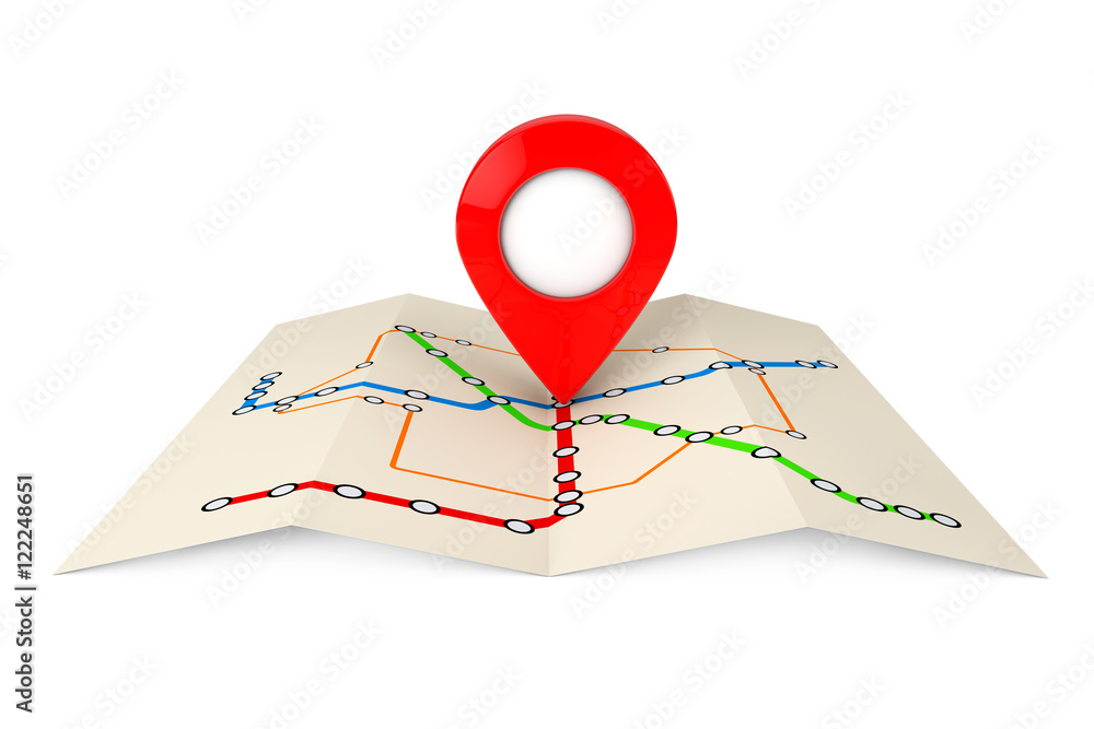 Poster Abstract Transportation Metro or Subway Map with Red Target Pin.