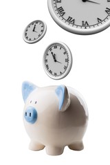 piggy bank and clocks