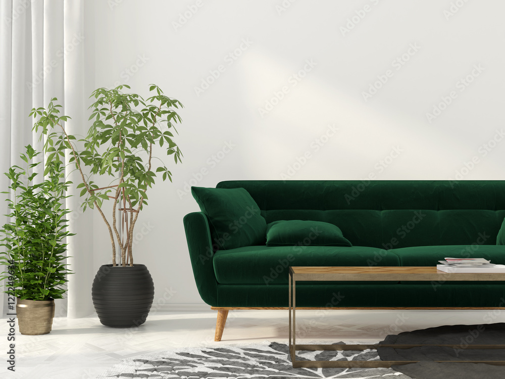 Wall mural living room with green sofa