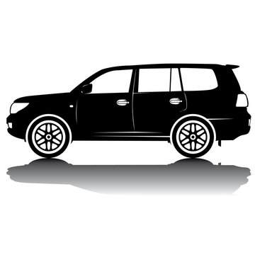 Vector isolated car silhouette image. Black silhouette. Car with reflection