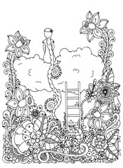 Vector illustration zentangl, girl sitting on a cloud in flowers. Doodle floral drawing. A meditative exercises. Coloring book anti stress for adults. Black and white.