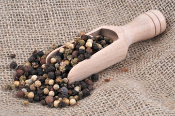 Petite pelle en bois de mélange de baies posée sur de la toile de jute