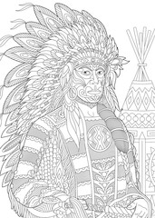 Stylized Native American Indian chief wearing traditional headdress. Freehand sketch for adult anti stress coloring book page with doodle and zentangle elements.