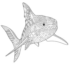 Fototapeta premium Stylized underwater shark, isolated on white background. Freehand sketch for adult anti stress coloring book page with doodle and zentangle elements.