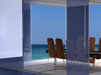 Modern office meeting room interior with stylish contemporary chairs around a table  and large view window overlooking the sea