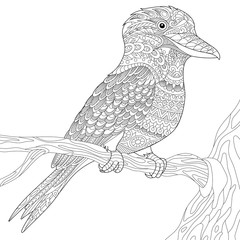 Stylized australian kookaburra bird, isolated on white background. Freehand sketch for adult anti stress coloring book page with doodle and zentangle elements.