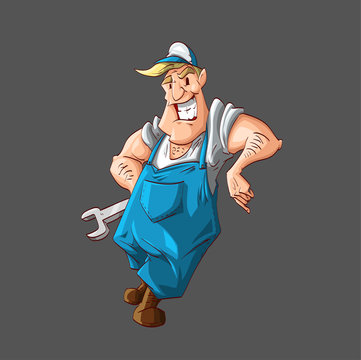 Colorful Vector Illustration Of A Cartoon Plumber Or A Mechanic, Wearing Blue Union Suit
, White Shirt And A Hat, Holding A Wrench, Smiling