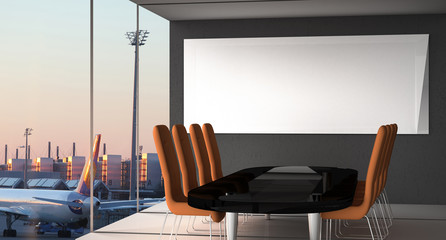 Airplane at the terminal gate , Modern international airport during sunset