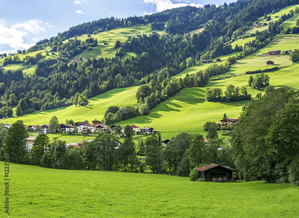 Sticker Village of Westendorf, Brixental Valley in Tirolean Alps, Austria, popular summer and winter location for tourism .