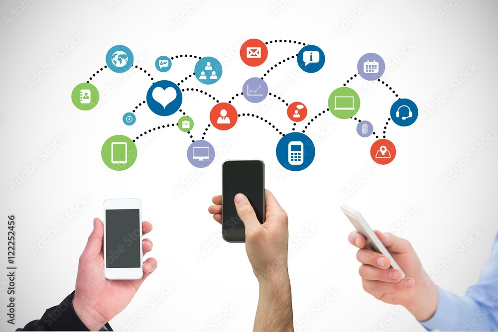 Poster hands using smartphones with graphics