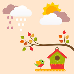 autumn birds and birdhouse on a branch