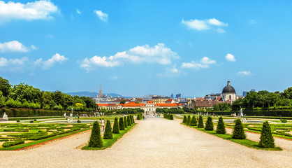 Panorama of baroque park in Belvedere Palace in Vienna, Austria.