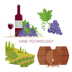 Wine Technology. Bottle of Vine, Beaker, Vineyard