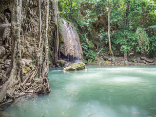 The waterfall with water levels declines due to warming temperature