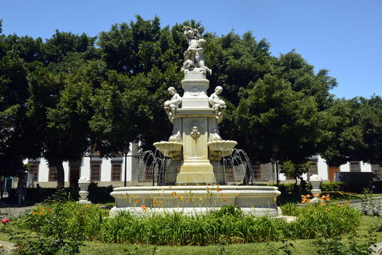 Fuente de mármol blanco en la plaza Weyler . Santa Cruz de Tenerife. Canarias . España