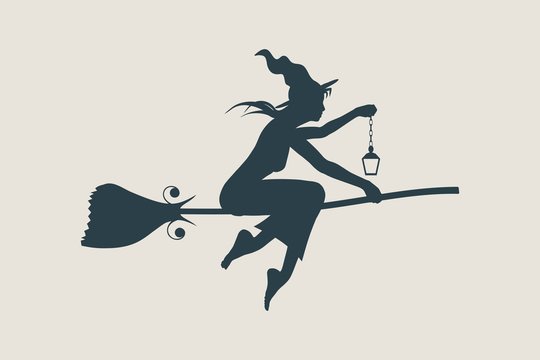 Illustration of flying young witch icon. Witch silhouette on a broomstick. Lamp in hand. Halloween relative image.