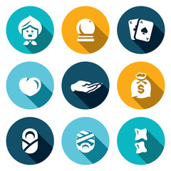 Vector Set of The Seer and Healer Icons. Grandma, Magic Ball, Tarot, Love, Divination palm, Wealth, Midwife, Healing, Chiropractic.