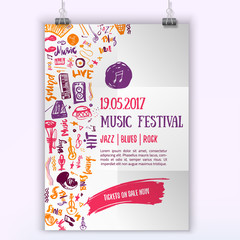 Music concert vector poster template. Can be used for printable promotion with lettering and doodle items.