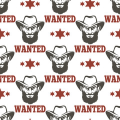 Criminal police seamless pattern with criminal man sheriff stars and advertisment wanted. Vector illustration