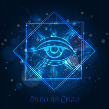 Mystical mason sign with eye on blue shining background. Vector illustration
