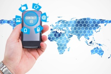 Hand holding smartphone with contact icons 