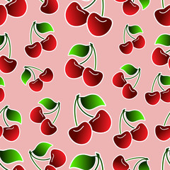 Red cherries with green leaves and white stroke on pink backgro