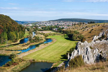 Panoramic view of Herbrechtingen and the river Brenz from the hillside.