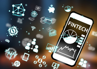 Fintech Investment Financial Internet Technology Concept. Technology and Finance icon , smart phone , blurred finger with abstract background