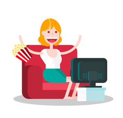 Girl Watching TV on a Sofa. Isolated Flat Vector Illustration.